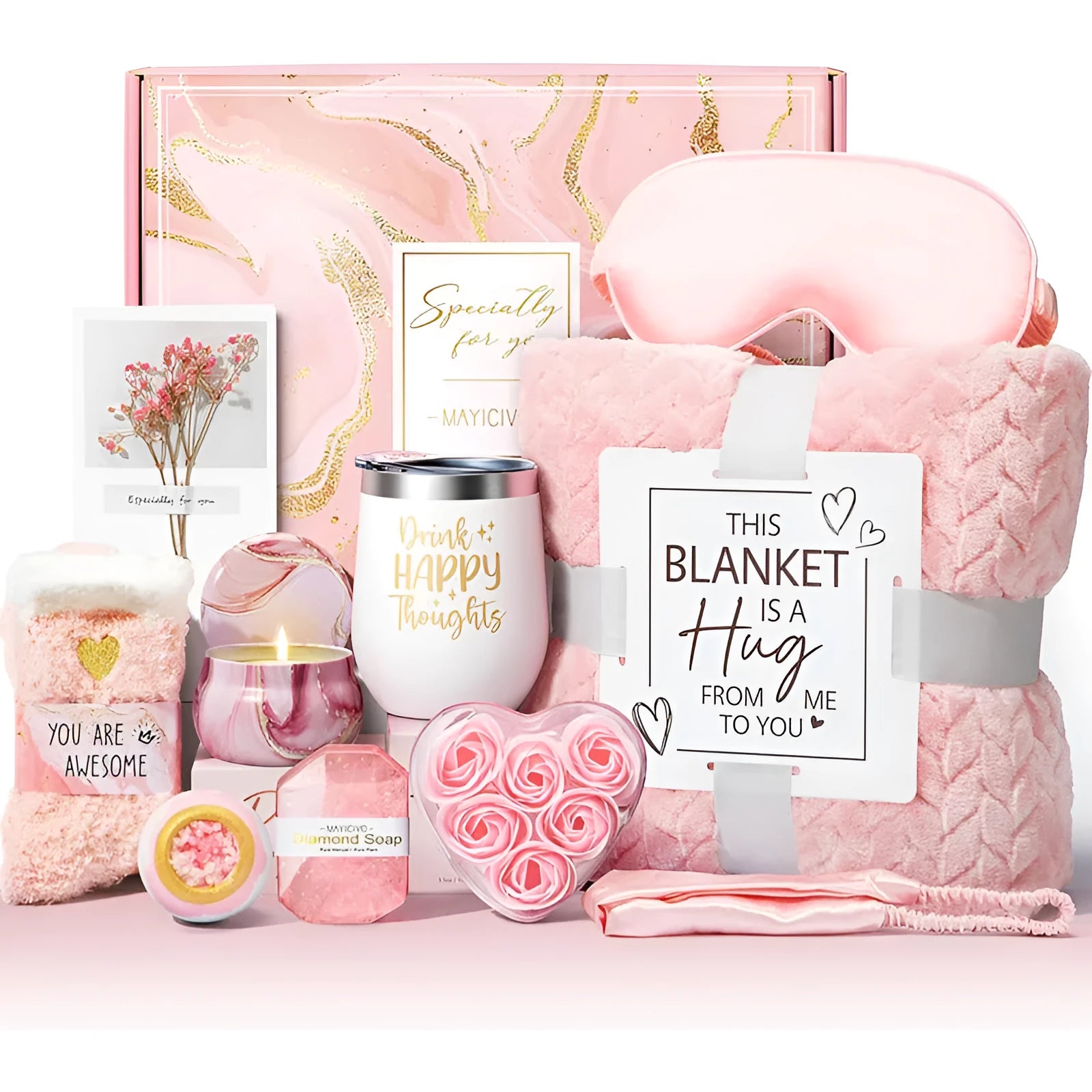 Aromatherapy gift set with candle, soap, and bath bomb in a modern simple-style plastic box.