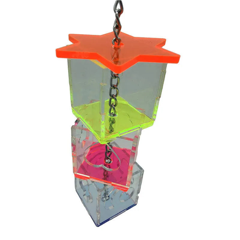 Clear acrylic parrot foraging toy measuring 32 cm tall for holding bird food.