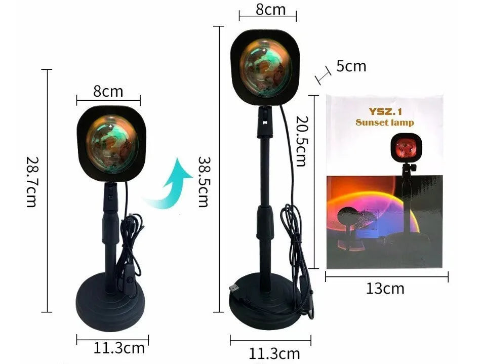 Rechargeable sunset red and rainbow projection lamp with USB cable and push-button switch.