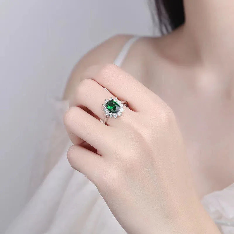 Copper electroplated women's ring with floral zirconium centre stone in blue, green, or red
