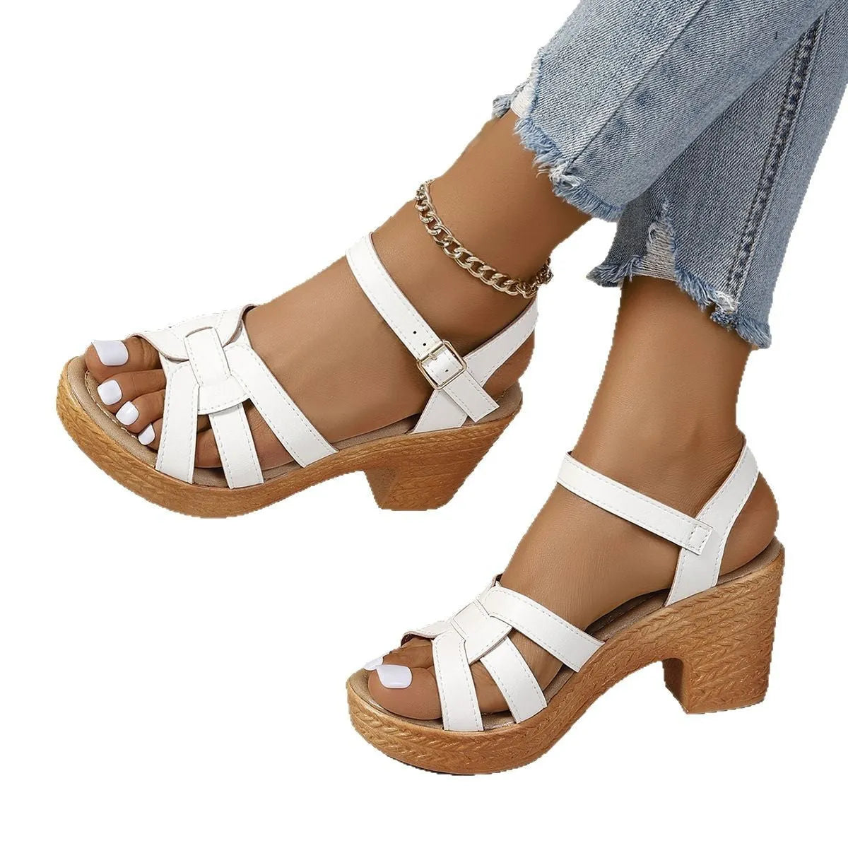 Plus size Roman women's peep toe sandals with chunky heel and ankle-strap buckle in black, brown, or white