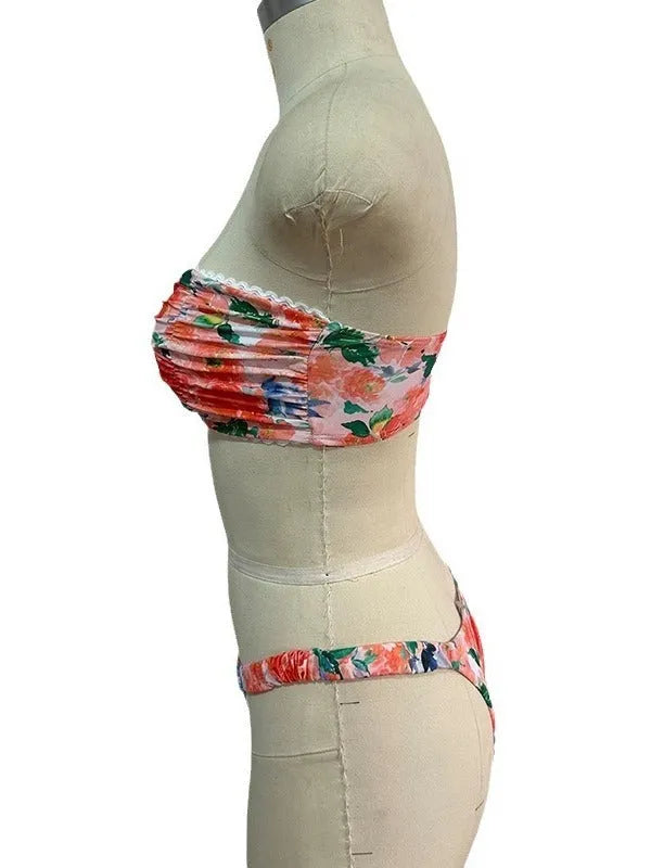 Women's floral print bikini set with lace trim tube top in blue colour