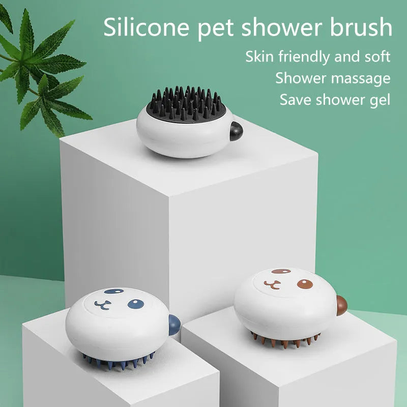 Panda-shaped silicone pet bath brush with soft bristles for cleaning cats and dogs