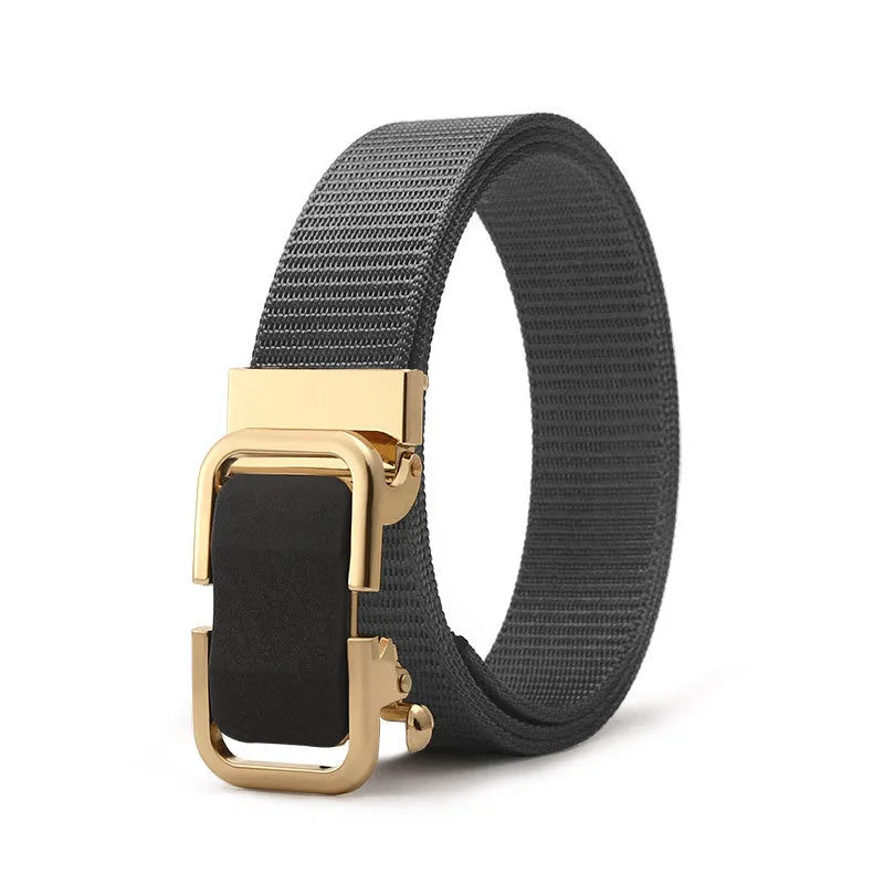 Men's nylon canvas belt with metal alloy buckle shown in army green colour.