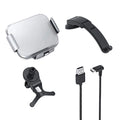 Grey wireless charging car phone holder with folding screen showing air conditioner clip and suction cup mounting options