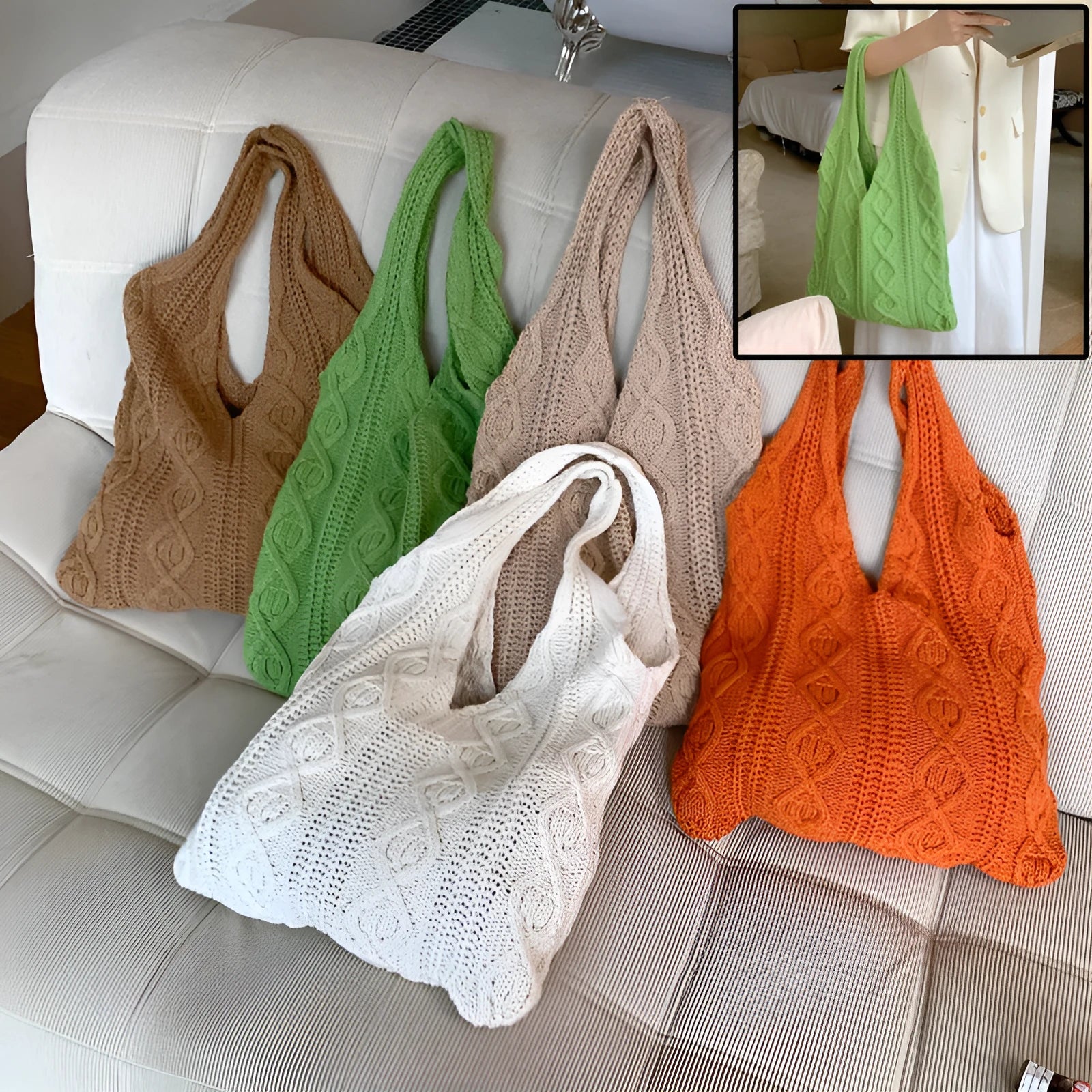 Women's retro crochet knitted woolen yarn shoulder tote bag showing hollow texture and double straps