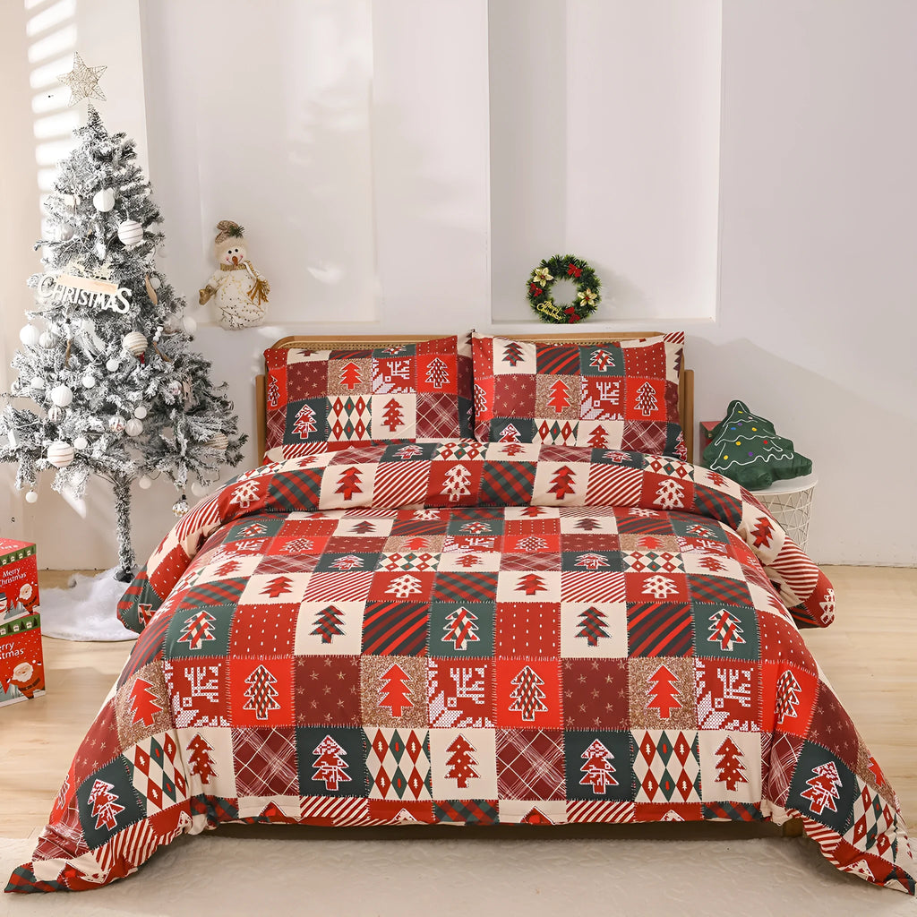 Christmas red plaid pattern bedding three-piece set showing quilt cover and pillowcases