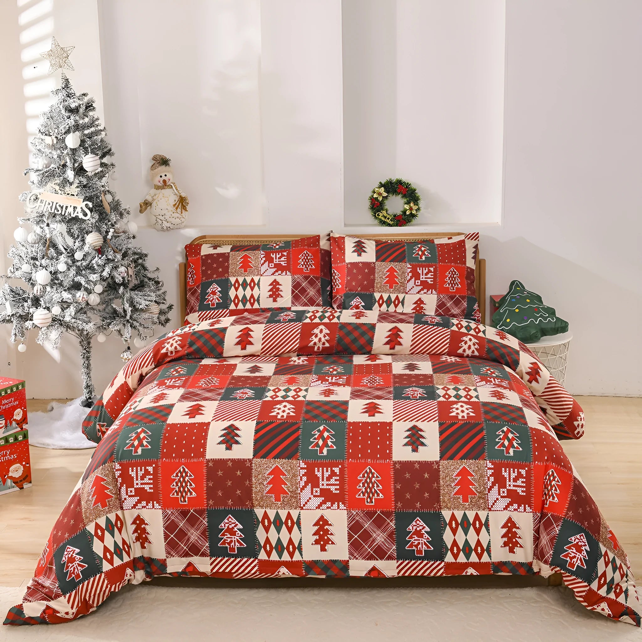 Christmas red plaid pattern bedding three-piece set showing quilt cover and pillowcases