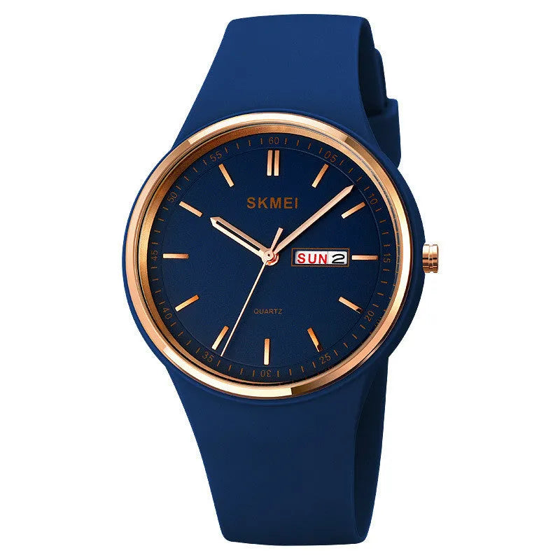 Women's silicone strap quartz calendar watch with 42mm dial showing six colour options