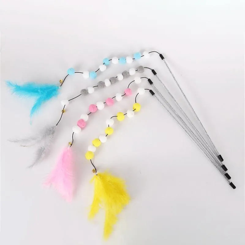 31cm cat teaser interactive toy rod with bell and colourful pompon feathers