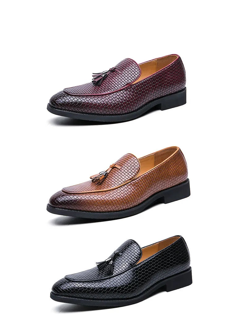 Men's black pointed toe slip-on shoes with a tassel, made from artificial PU leather.