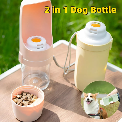 Grey 2-in-1 portable dog water bottle and feeder with lanyard for outdoor use