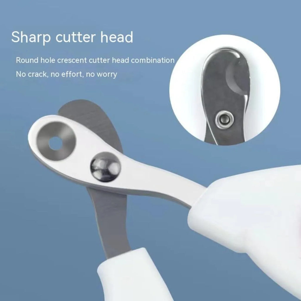 Blue cat nail clippers with a circular guide hole and non-slip grip handle on a white surface.