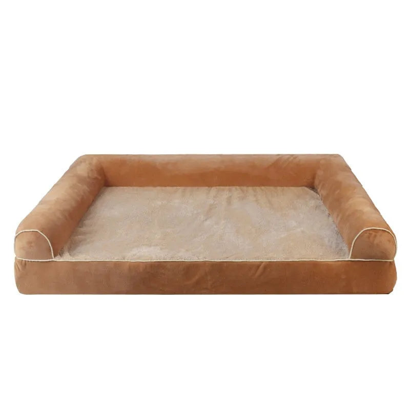 Square sponge dog bed with removable cloth cover in blue, shown next to a dark gray version.