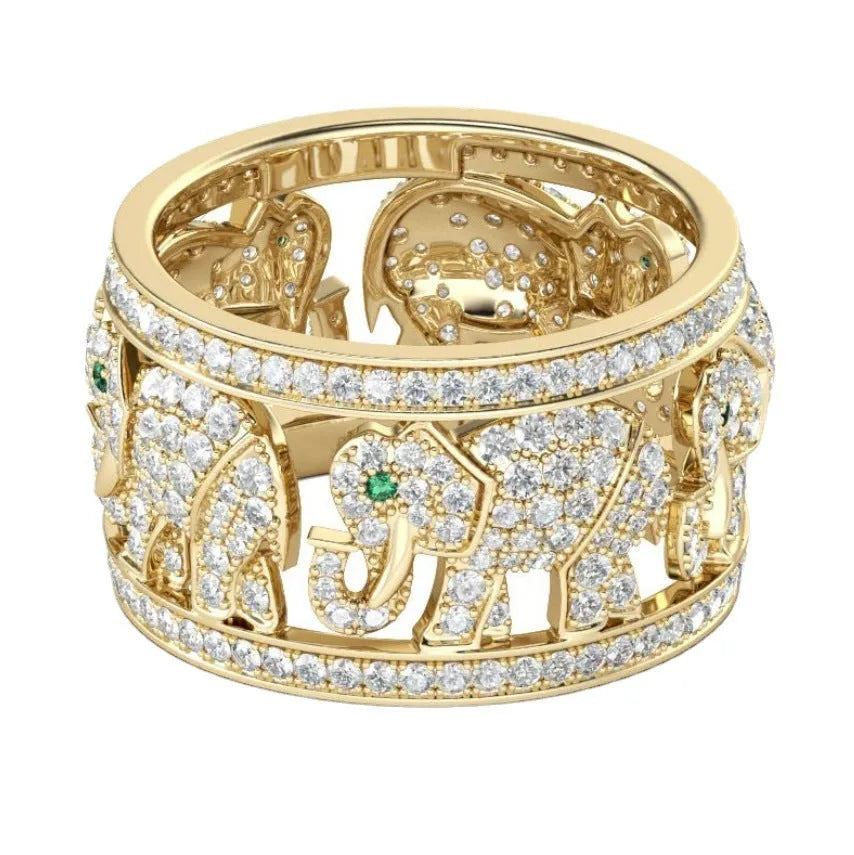 Close-up of a creative alloy ring featuring a full diamond elephant design on a finger, shown in silver and themed colour options.
