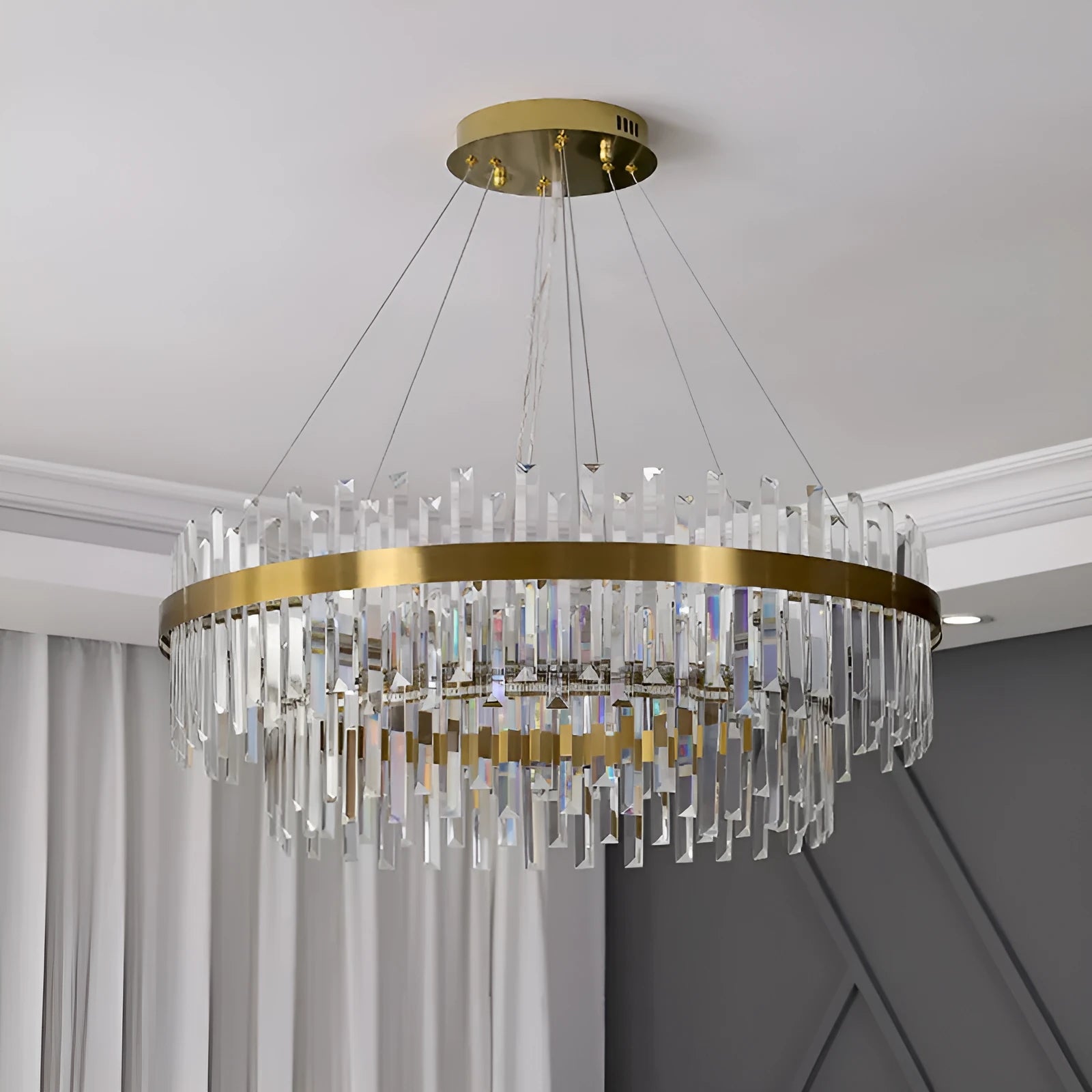 Stainless steel fish-shaped crystal chandelier ceiling light with multiple LED heads.