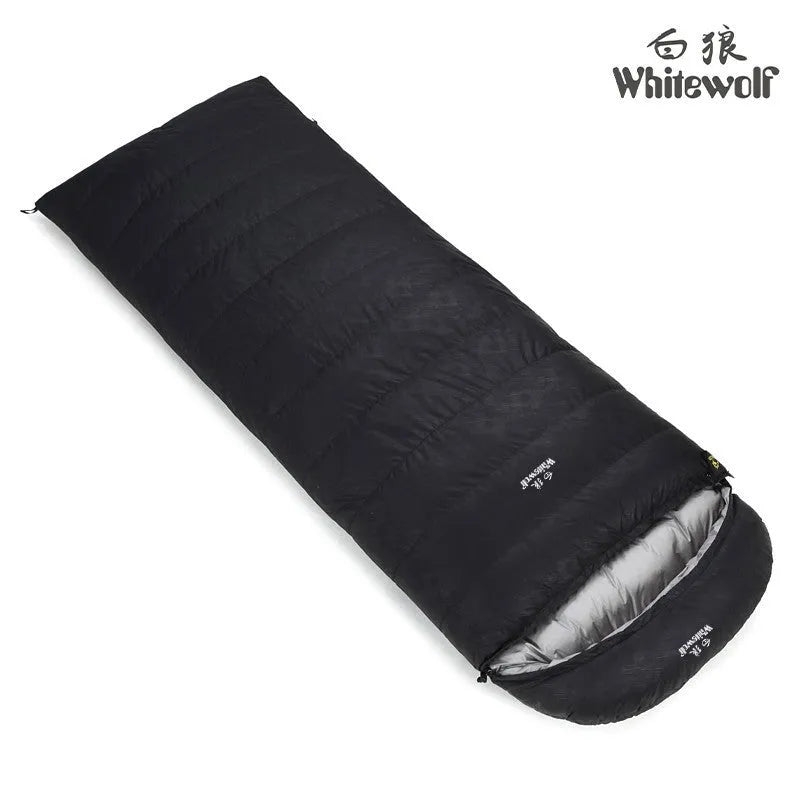 Black adult sleeping bag with envelope design, filled with white goose down and a tear-resistant nylon shell.