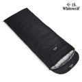Black adult sleeping bag with envelope design, filled with white goose down and a tear-resistant nylon shell.