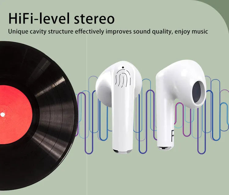 White wireless Bluetooth earphones with a charging case on a white background.