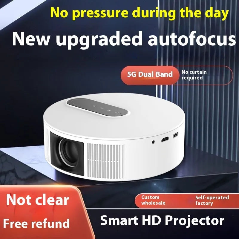 White 720p HD home theatre projector with remote control on neutral background