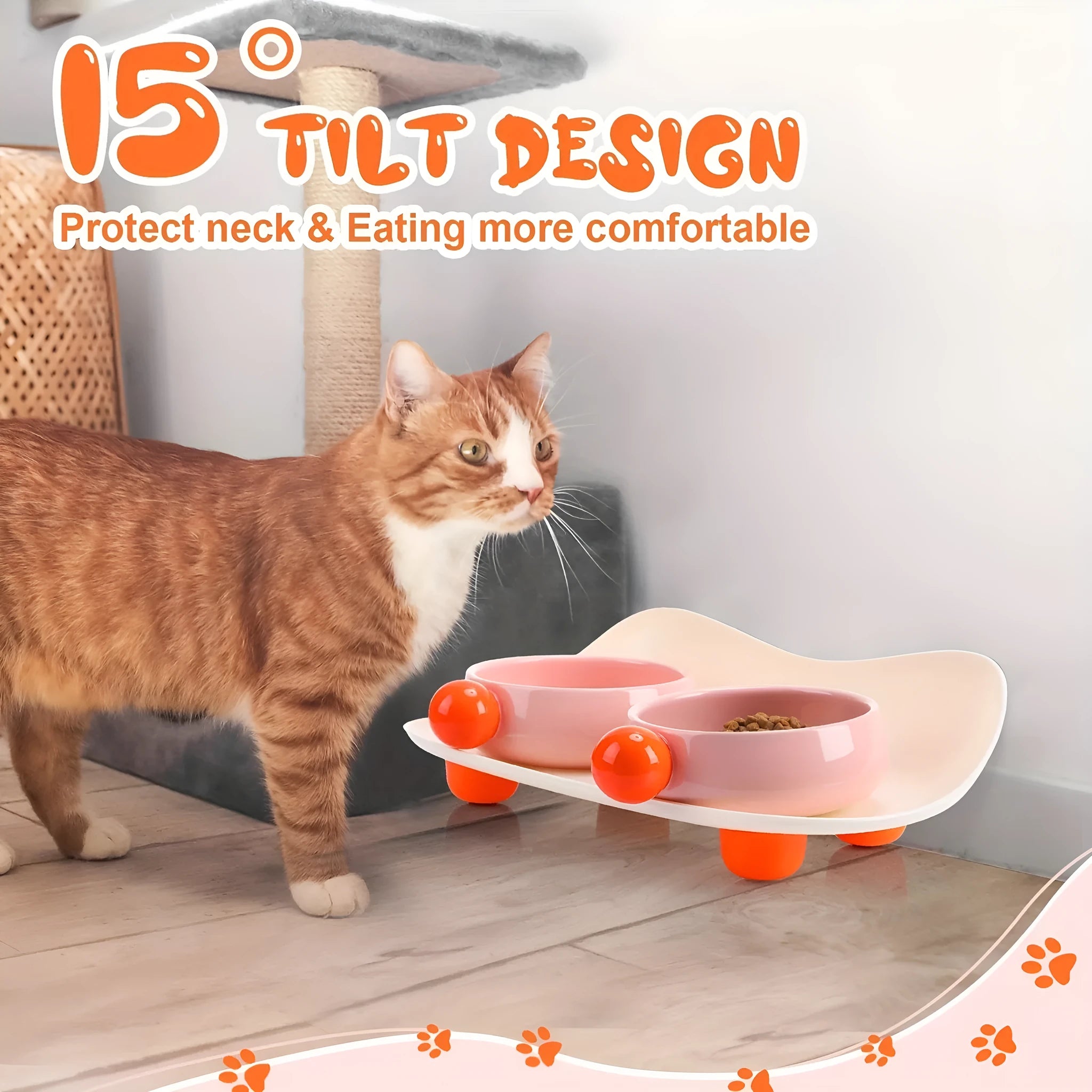 Raised ceramic double pet feeding bowl in pink, yellow, and pink yellow colour options on a floor.