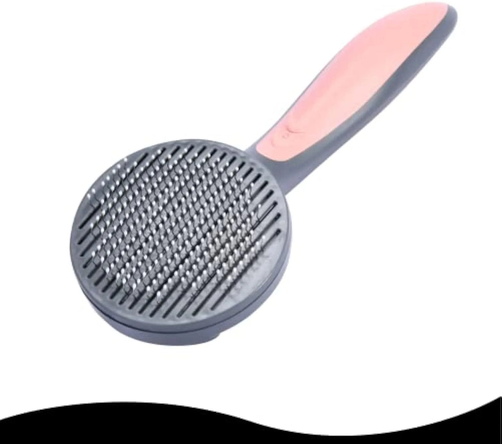 A grey self-cleaning slicker brush for grooming dogs, cats, and rabbits on a plain background.