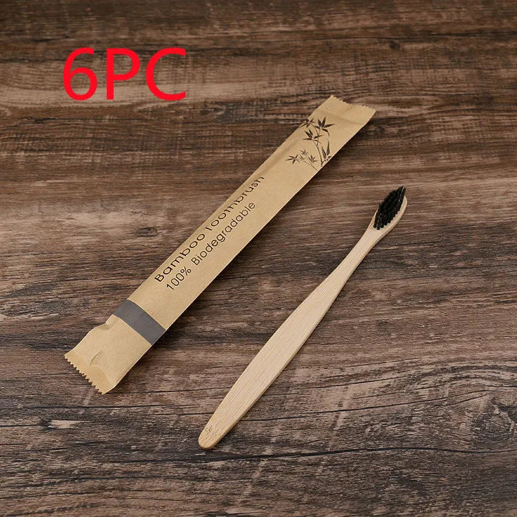 10 bamboo toothbrushes with charcoal bristles in black, green, purple, yellow, white and grey colours