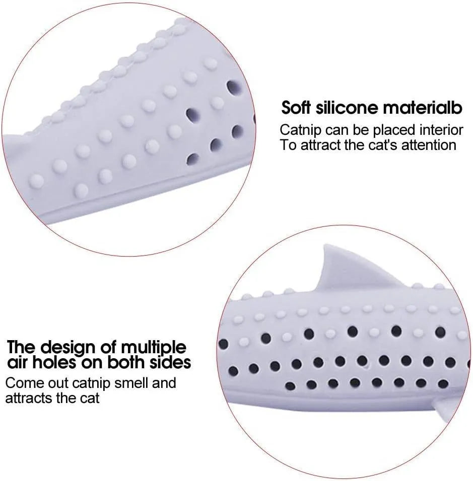 Green fish-shaped silicone cat chew toy with breathable side holes for catnip scent