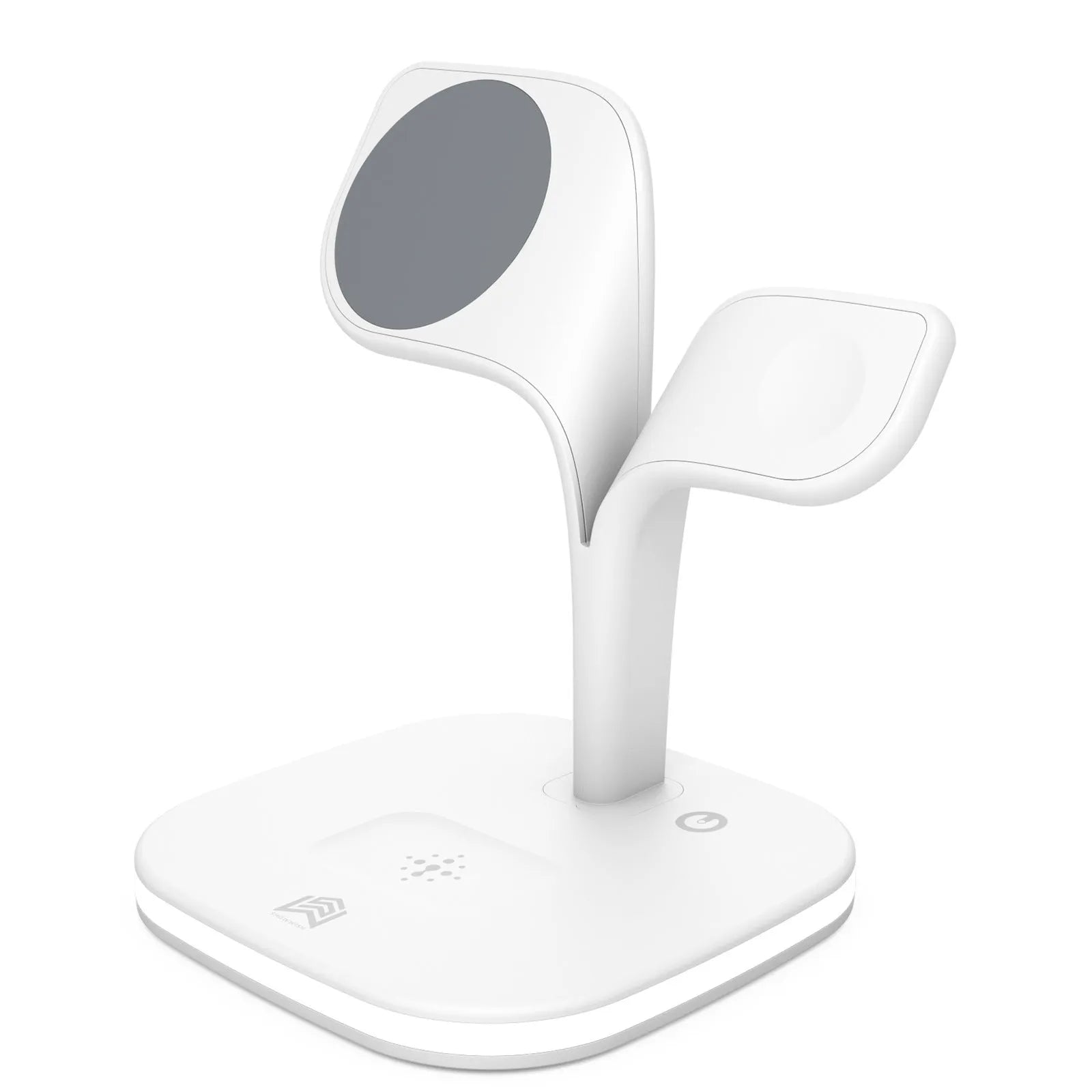 Black wireless charging stand holding a phone, a smartwatch, and wireless earbuds on a desk.