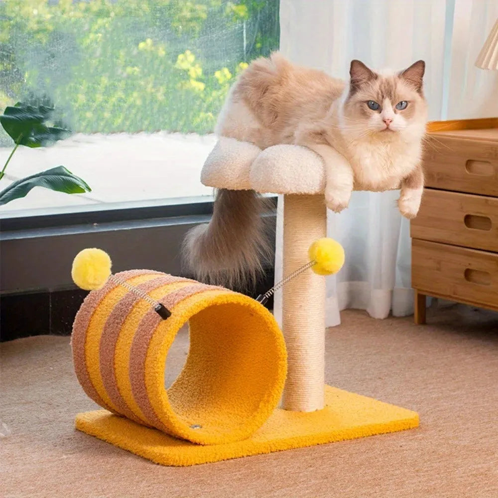Yellow sisal cat climbing frame with integrated scratching post and tunnel