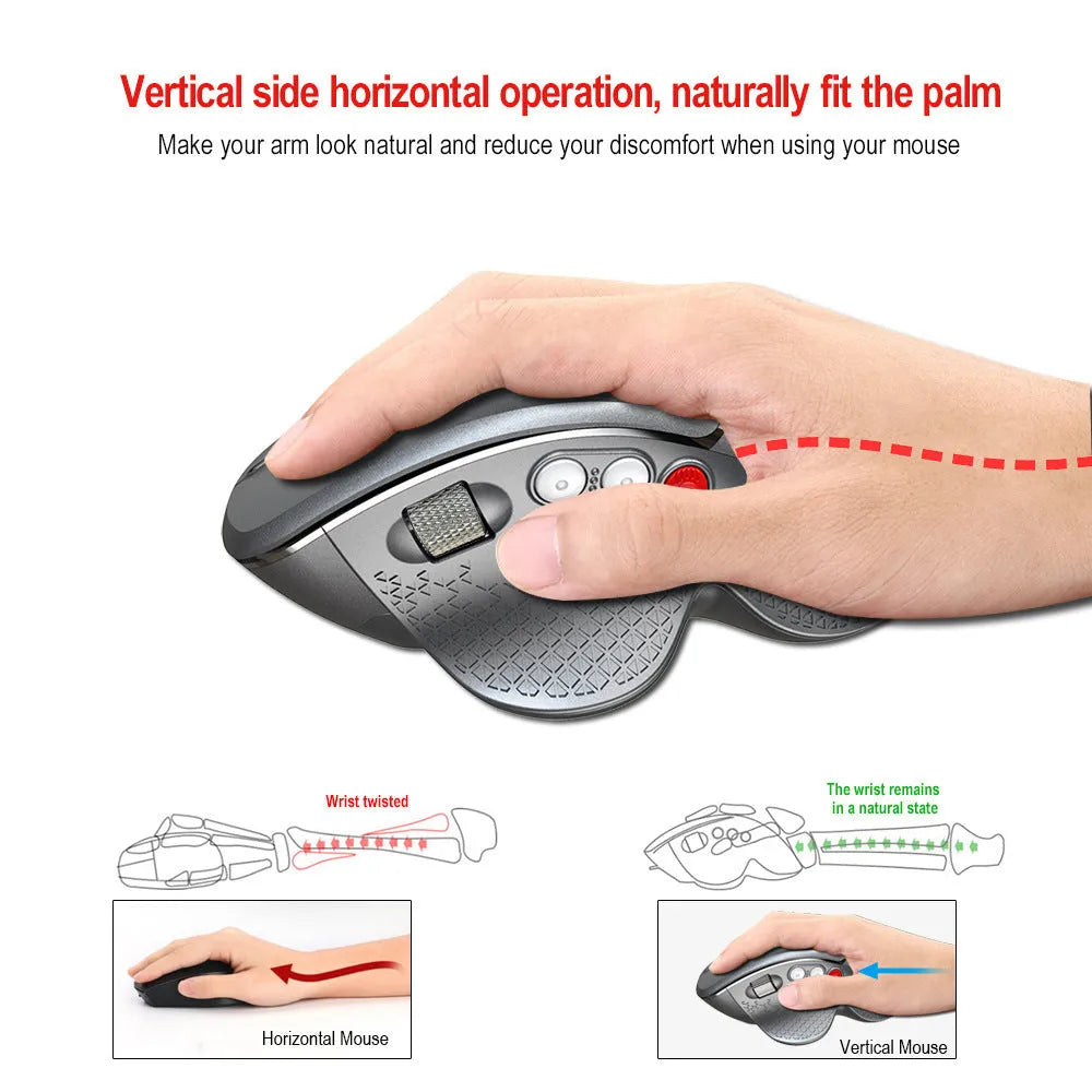 T32 wireless vertical ergonomic mouse in black matte texture showing aluminium side roller and 6-button layout.