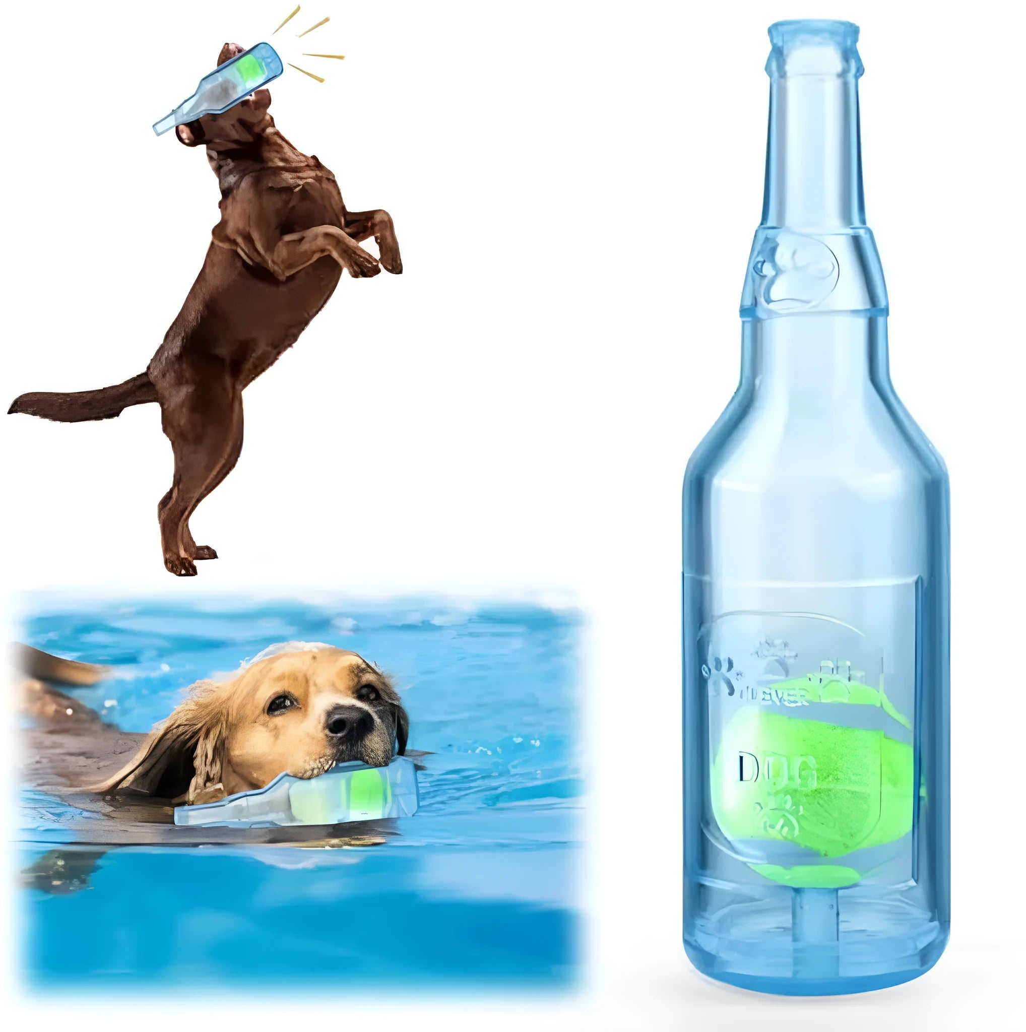Blue water bottle dog chew toy with squeaker floating in pool for interactive play.