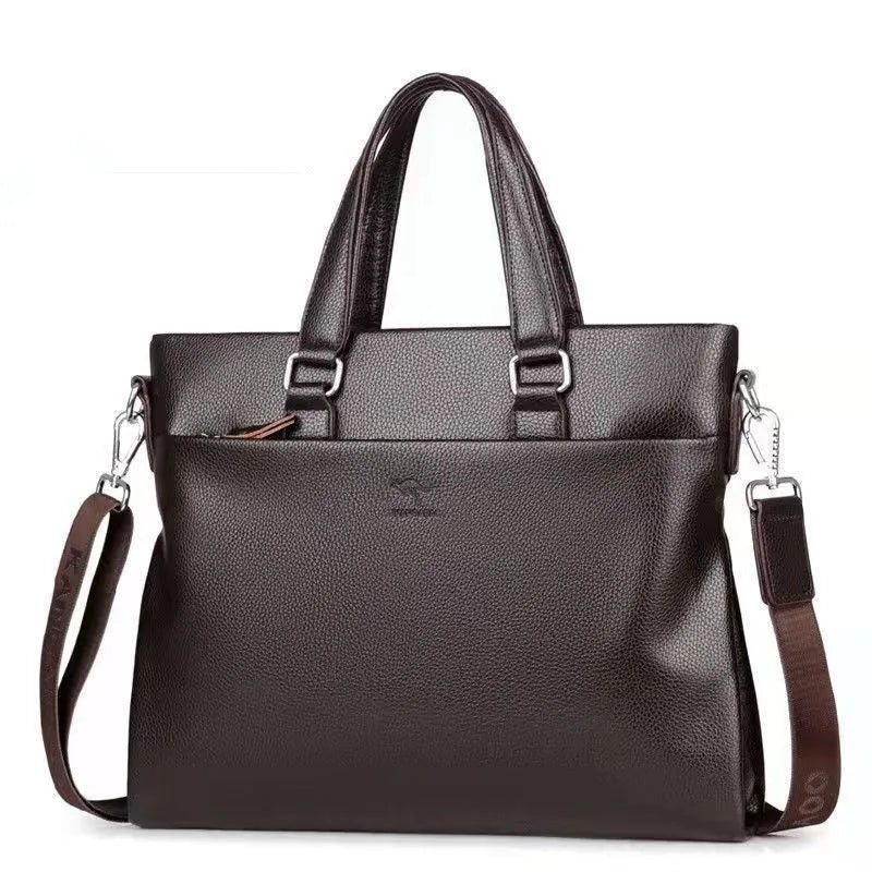 Men's black PU leather business messenger bag with shoulder strap showing spliced panel design.