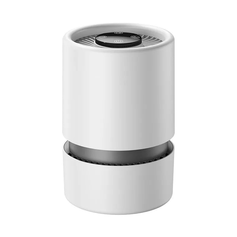 White desktop air purifier with USB cable for small room formaldehyde and odour removal.