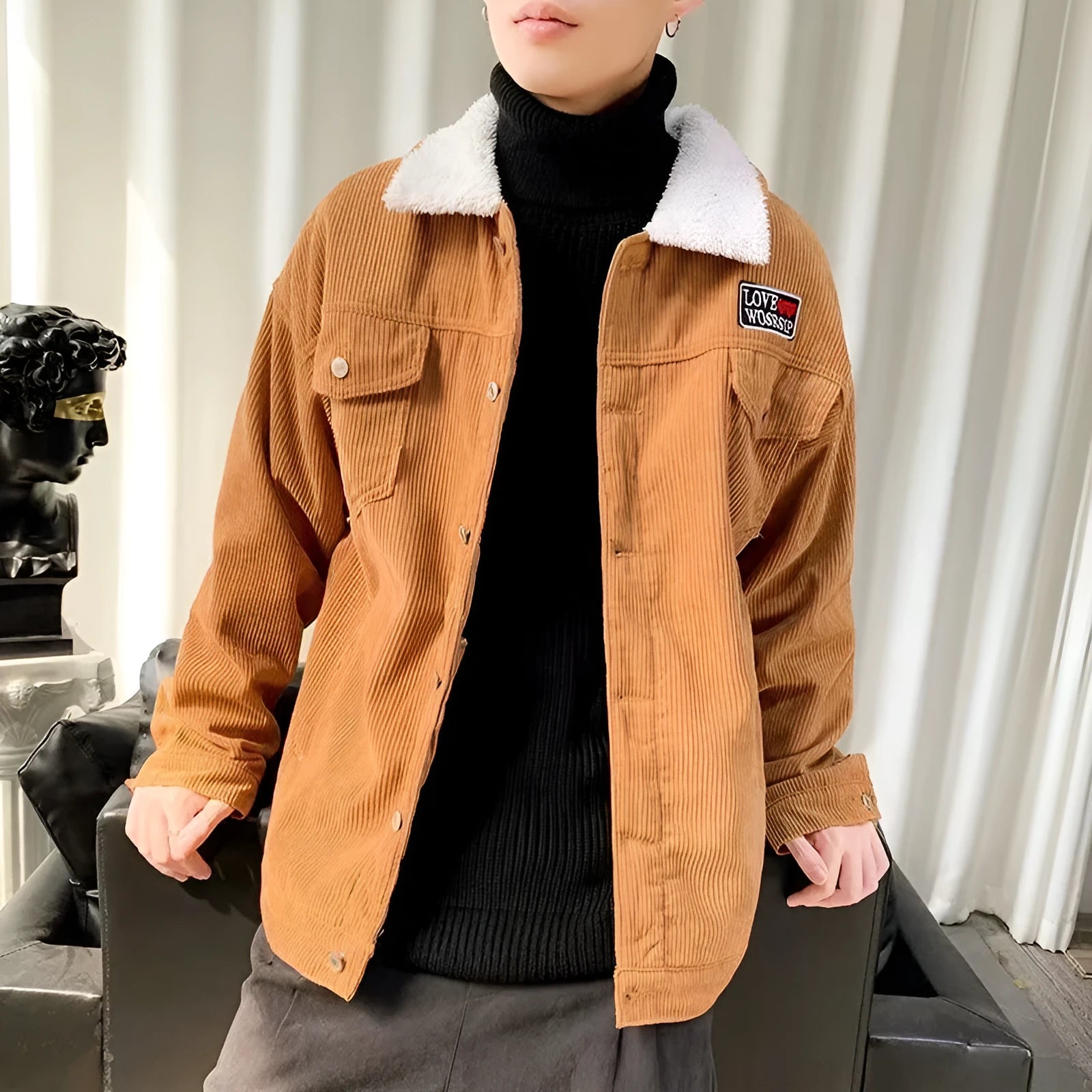 Man wearing a khaki loose-fit corduroy jacket with patch pockets