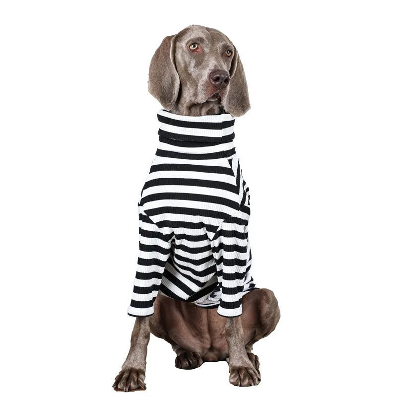 Black and white thin polyester dog clothing for large breeds on a size chart.