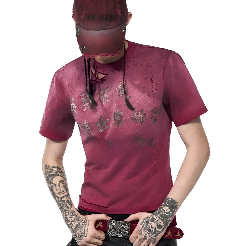 Men's red slim fit t-shirt with distressed details and dirty washed spray effect on short sleeves