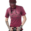 Men's red slim fit t-shirt with distressed details and dirty washed spray effect on short sleeves