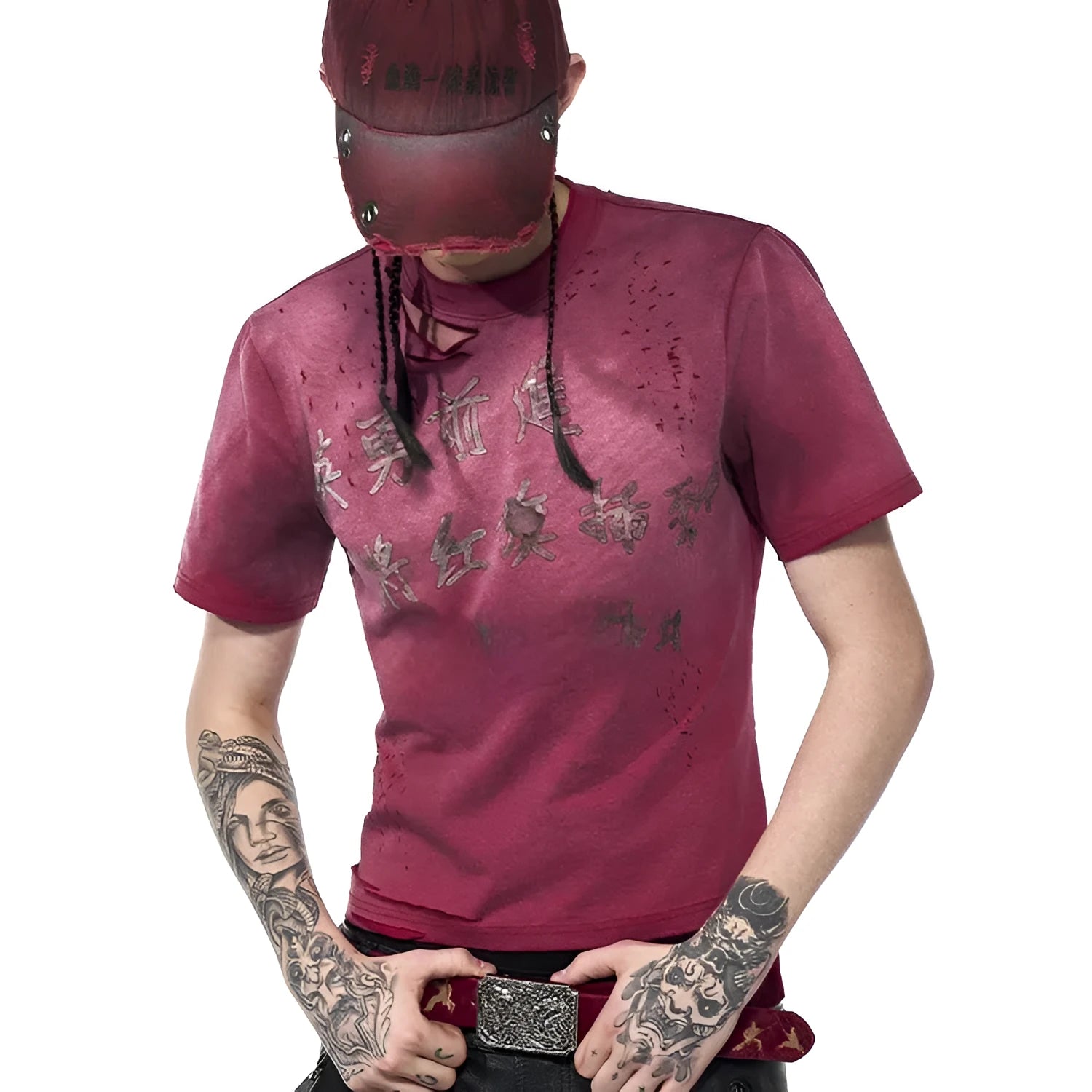 Men's red slim fit t-shirt with distressed details and dirty washed spray effect on short sleeves