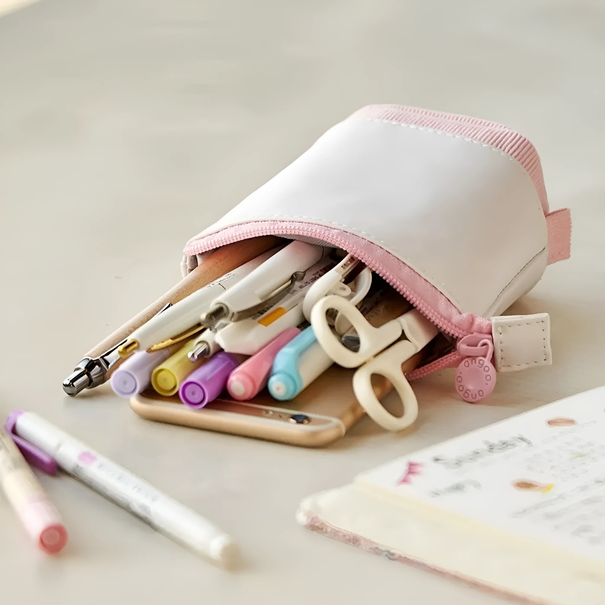 Korean-style telescopic drop-down stationery case in purple PU corduroy fabric.