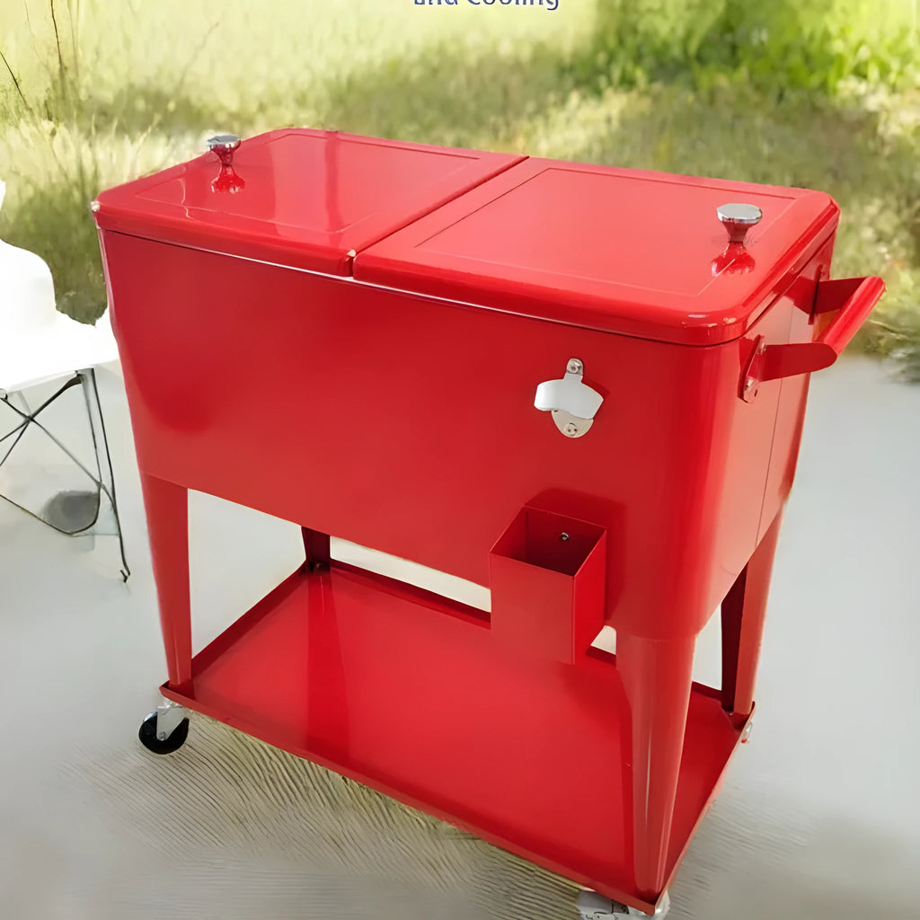 Red outdoor metal insulated cart with heat preservation box for picnics