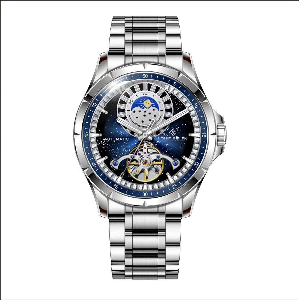 Men's silver alloy automatic watch with a blue circular dial on a stainless steel bracelet with a butterfly clasp.