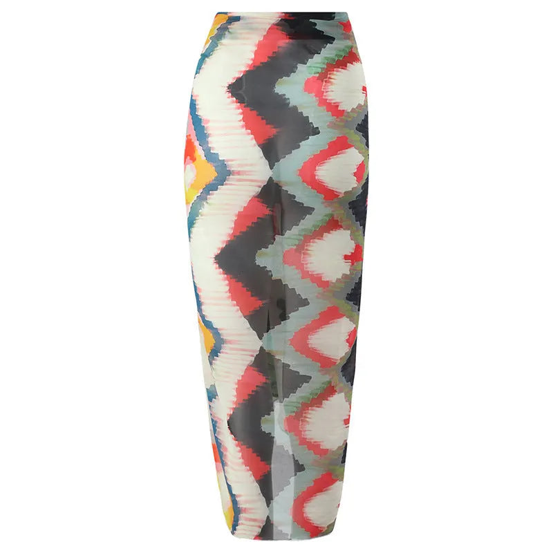 Women's printed two-piece swimsuit set with matching hip skirt in quick-dry polyester fabric