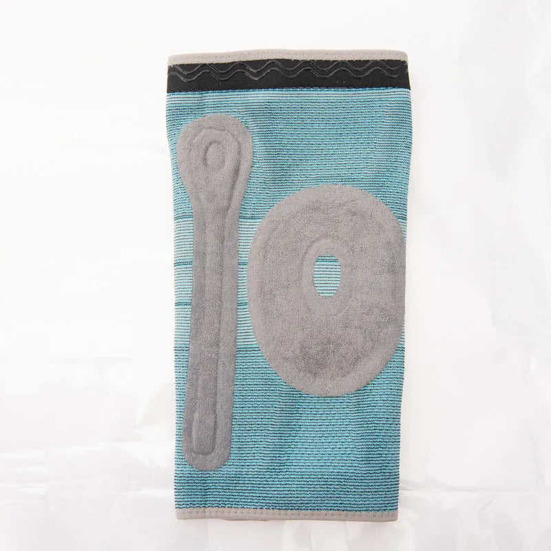 Sky blue silicone running and basketball knee pads showing elastic fibre material on a neutral background.