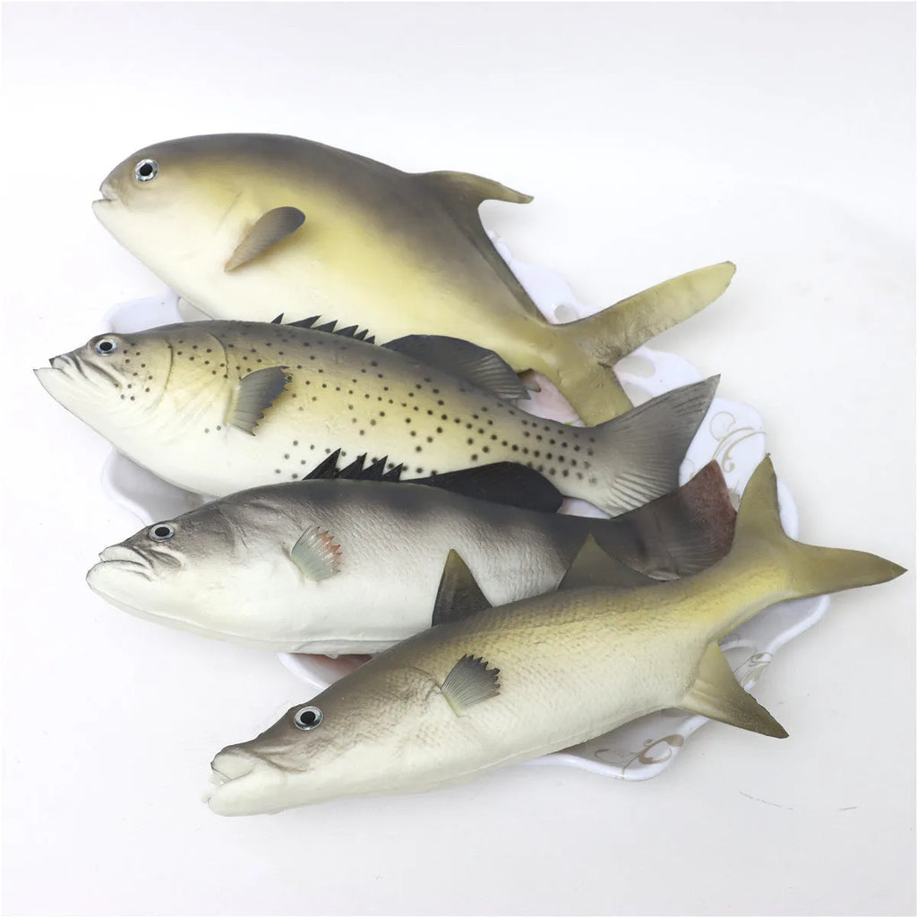 Three PU simulated fish ornaments showing yellow-fin tuna, flower fish, and small tuna models for aquarium décor