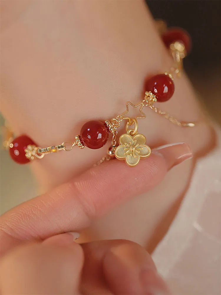 Red agate double layer bracelet with floral and peach blossom motifs