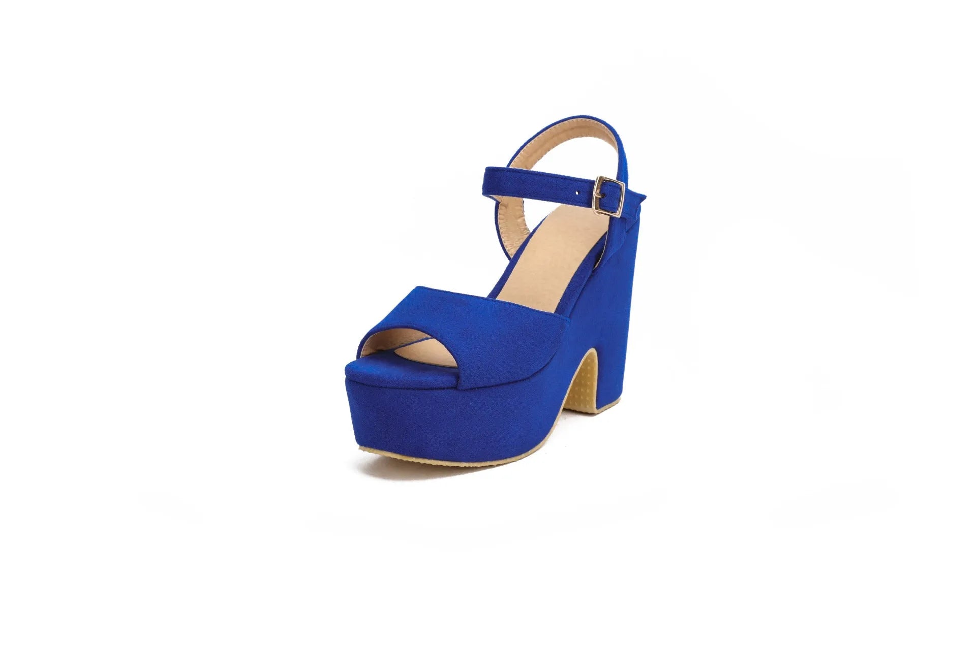 Black suede platform sandals with ankle strap and open toe design for plus sizes