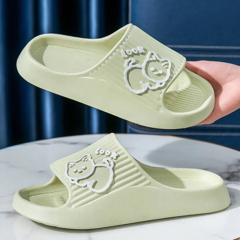 Women's thick platform slippers with cat design in various colours, made from EVA material