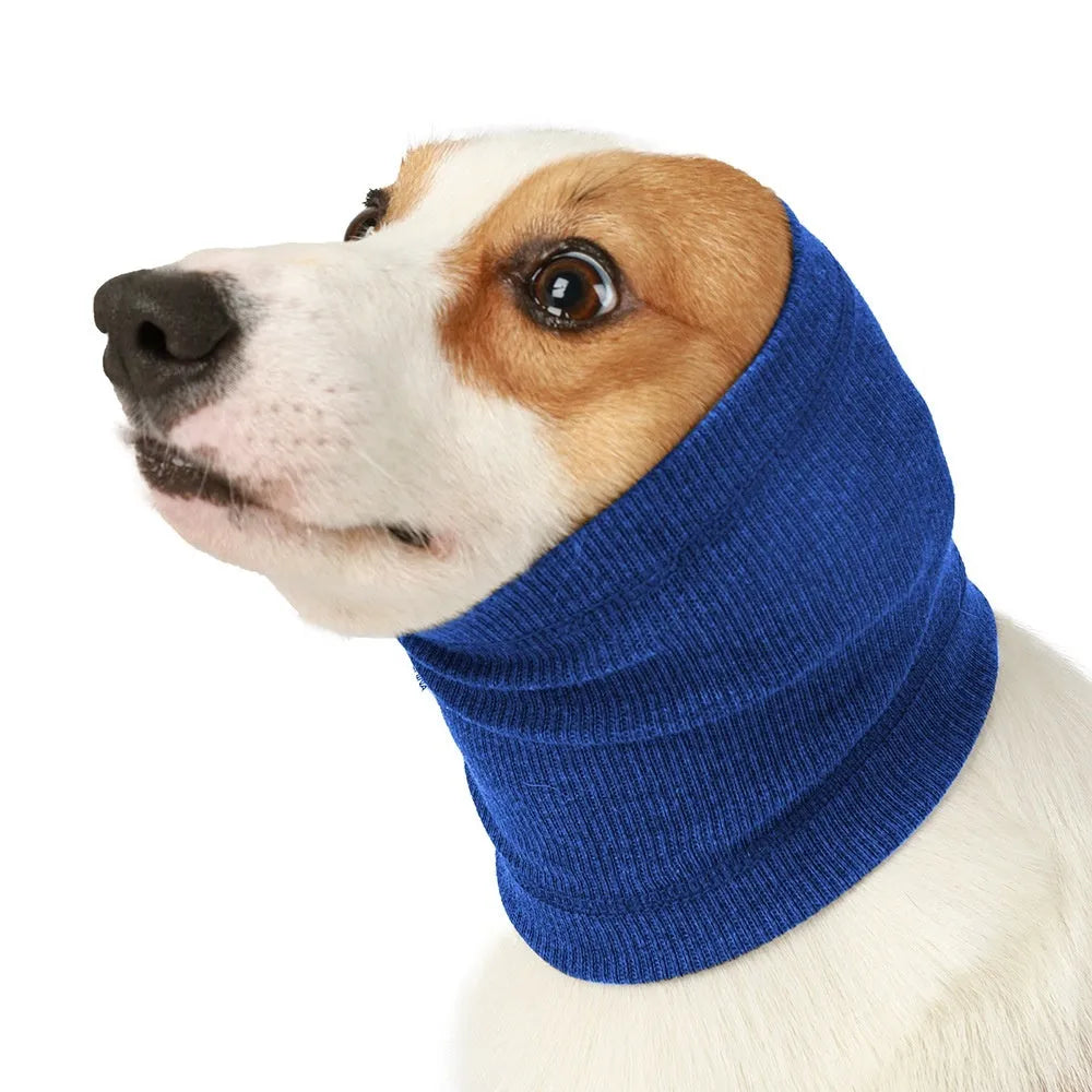 Blue and grey polyester dog headband scarf shown in small, medium, and large sizes.