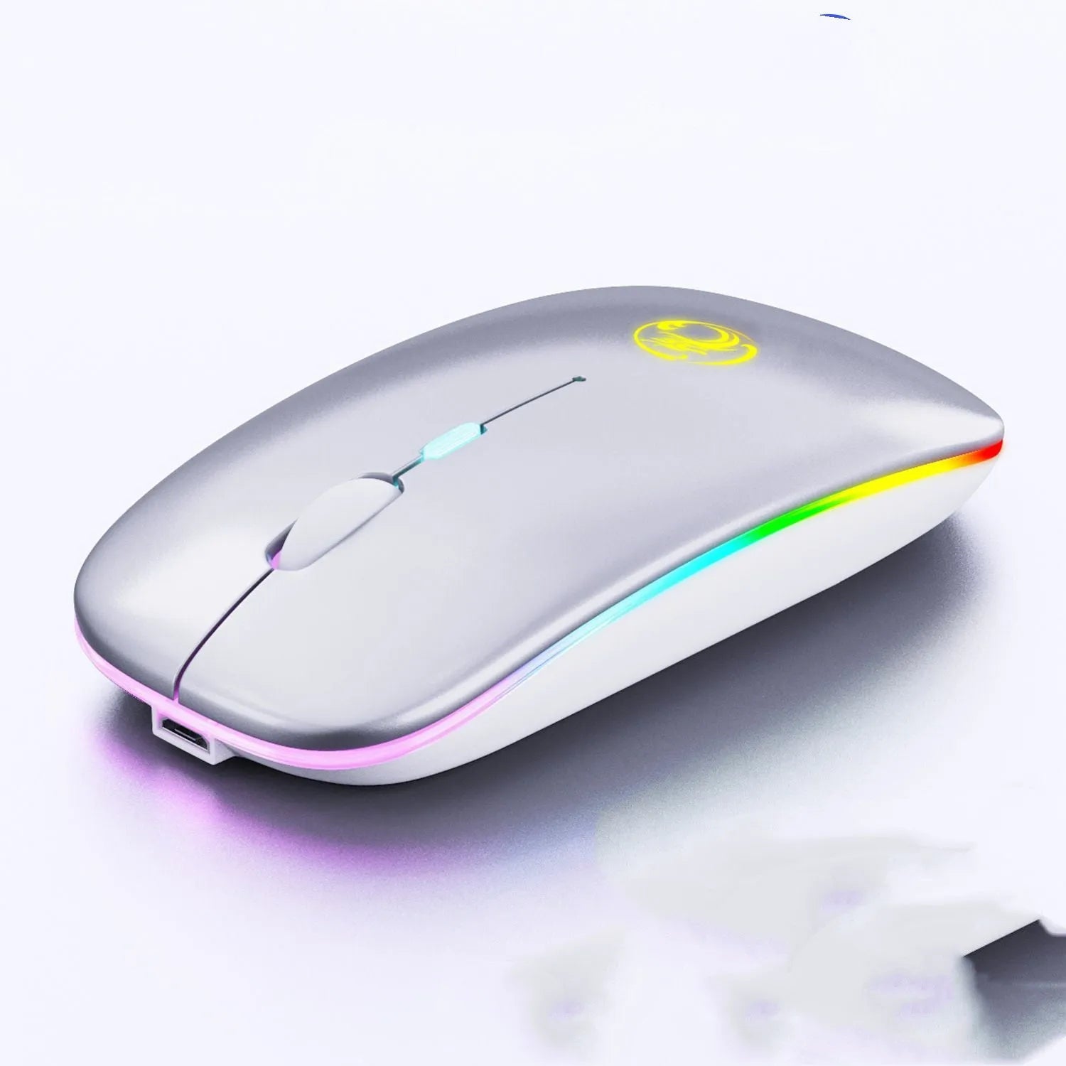 Black or white dual-mode wireless silent mouse with USB charging cable on desk